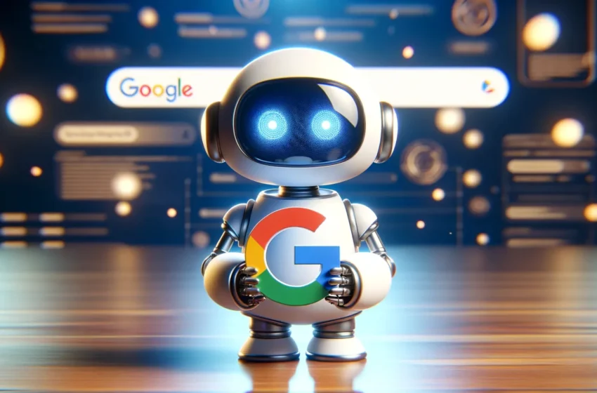 DALL·E image of a charming small robot with a futuristic design standing in front of a background that is a blur of the Google Search interface 850x560 1
